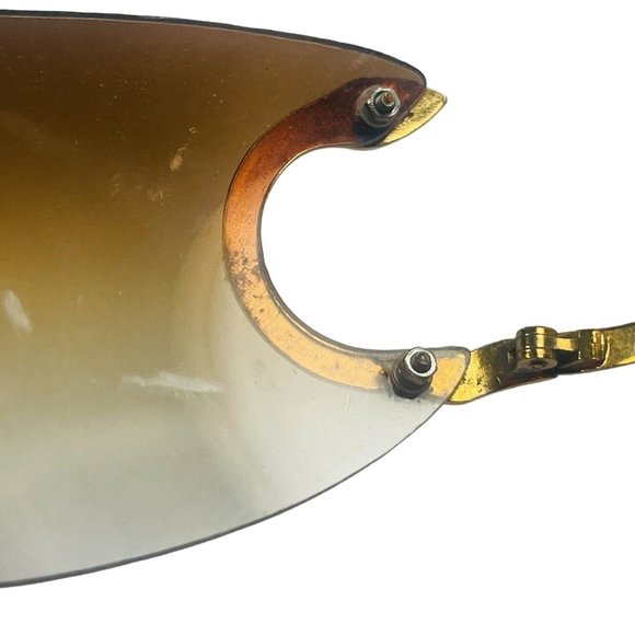 Vintage Damaged Unmarked Rare Sunglasses Gold Tone And Brown Tint Shield Lens - Picture 6 of 16